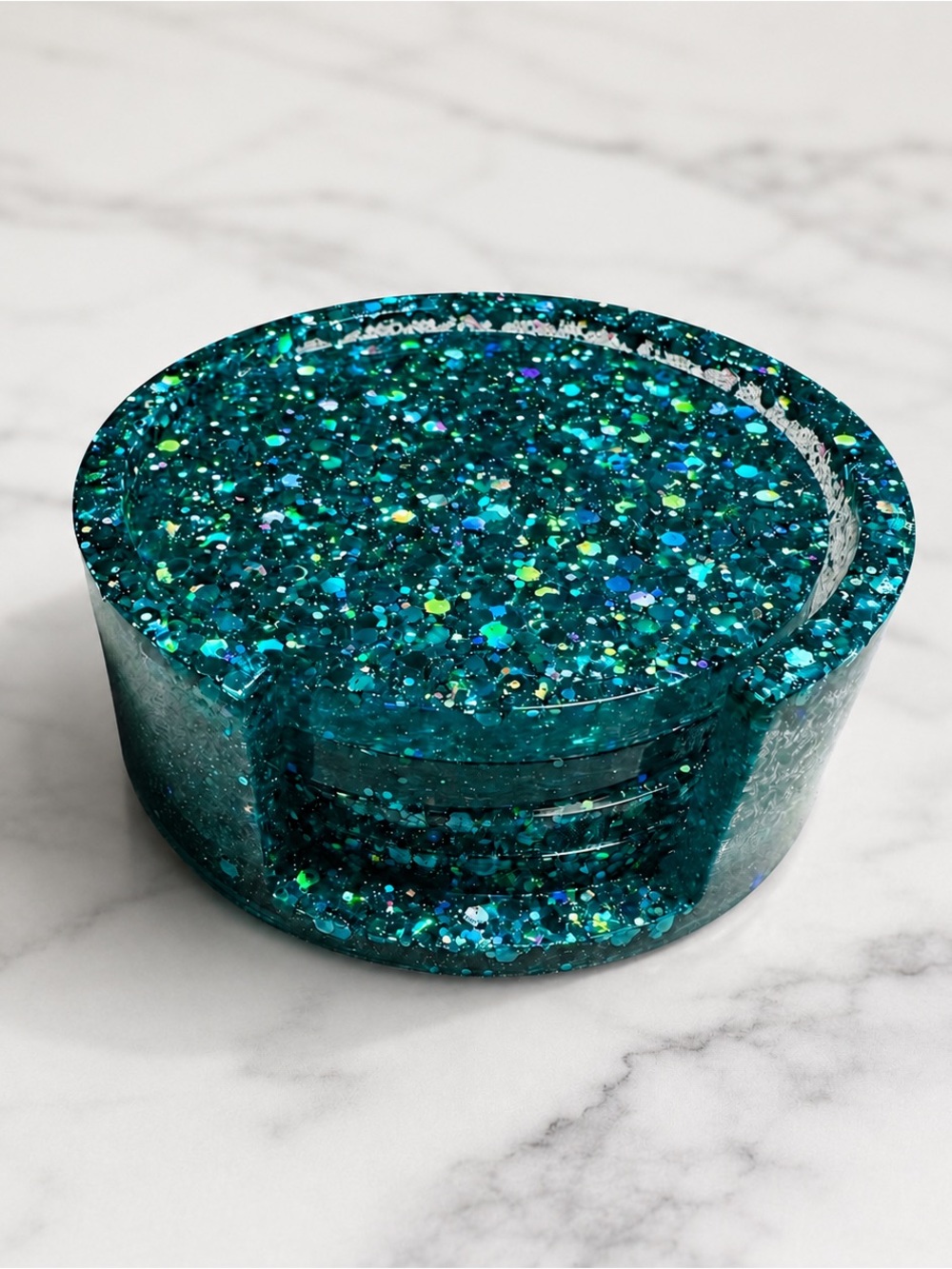 Teal Glitter Resin Coaster Set of 4 with Holder